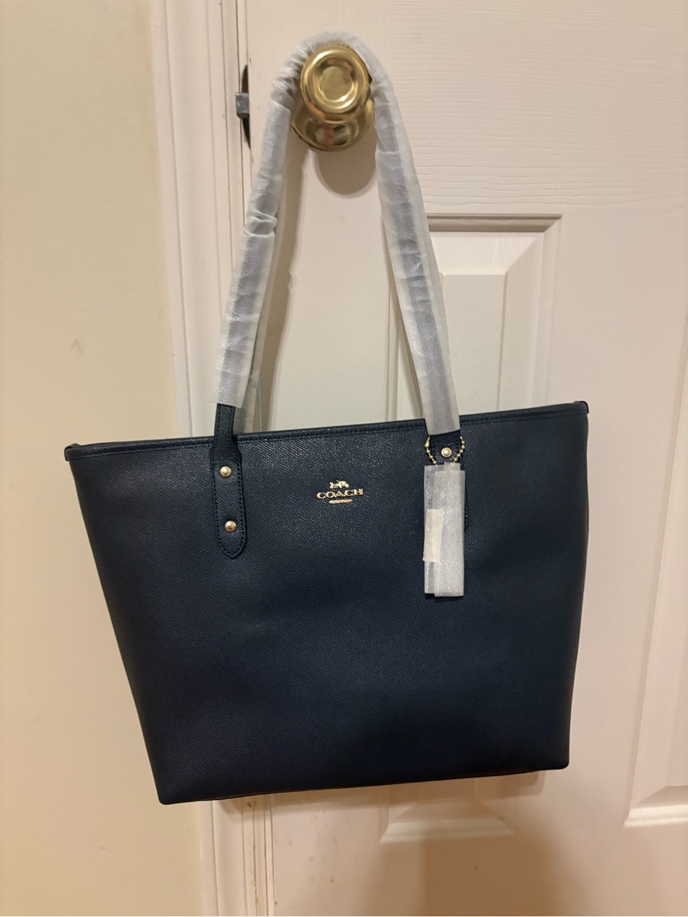 Coach Navy Pebbled Leather Tote with Gold-Tone Logo